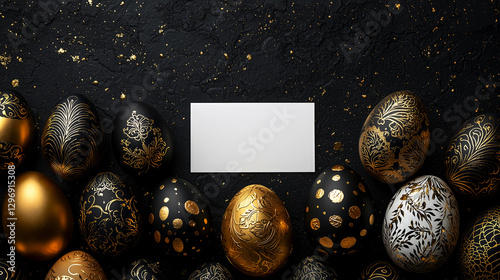 Black and gold Easter eggs with patterns and blank card on a textured black background, luxury setup photo