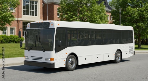White School Bus Parked Near a Brick Building