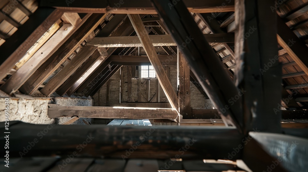 Rustic house framing with wooden beams and natural light Rustic house framing with wooden beams and natural light