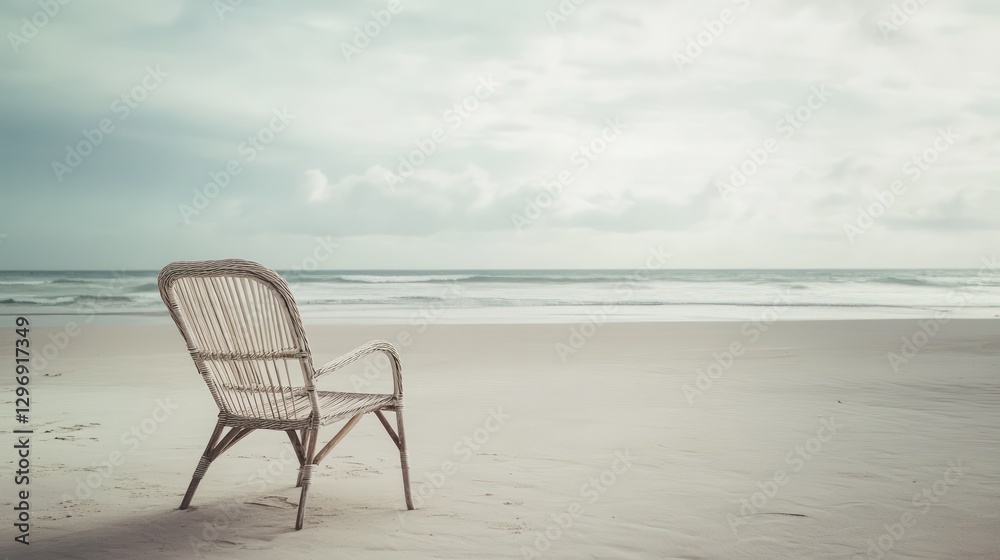 A single rattan chair sits solitary on a sandy beach A single rattan chair sits solitary on a sandy beach