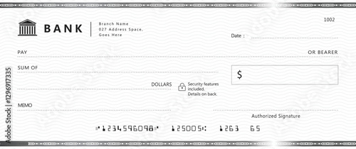 Blank bank check, checkbook cheque template with blue guilloche, vector mockup. Money payment bank check voucher or pay cash cheque certificate, account bill paycheck	