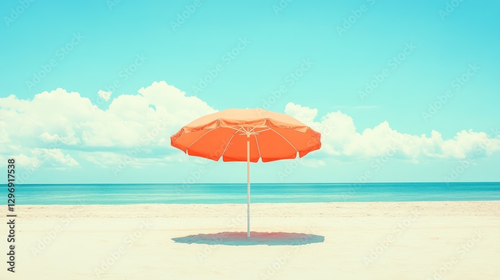 An orange beach umbrella stands alone on a sandy ocean shore An orange beach umbrella stands alone on a sandy ocean shore