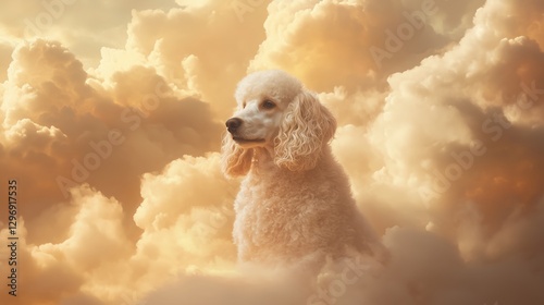 white poodle among golden clouds in a dreamy surreal scene gazing upward with calm expression concept of pet grooming, dog photography, animal rescue