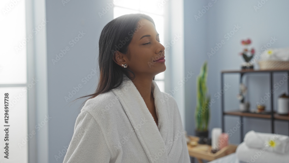 Young woman enjoying relaxation in a spa room, showcasing a serene atmosphere with soft lighting and elegant decor. Young woman enjoying relaxation in a spa room, showcasing a serene atmosphere with soft lighting and elegant decor.