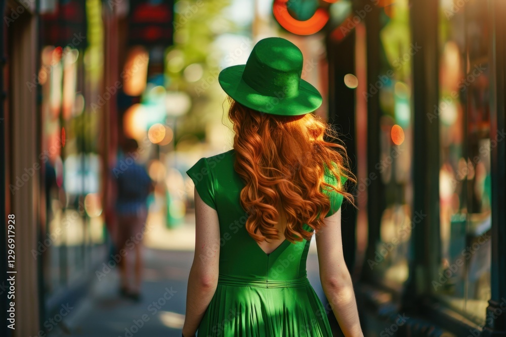 Obraz premium Stylish girl in a green dress and matching hat walking down the street