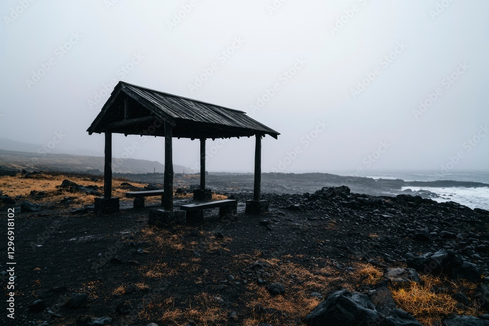 Seashore gazebo overlooks the misty ocean in Iceland. For travel and nature blogs Seashore gazebo overlooks the misty ocean in Iceland. For travel and nature blogs