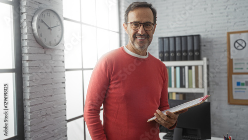 Man smiling in office holding clipboard against brick wall with clock shelves and files indicating a professional and organized workplace atmosphere