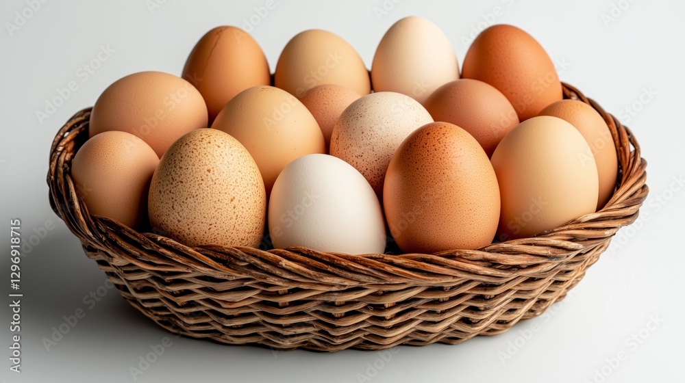 Basket of Fresh Eggs: A rustic basket overflows with a collection of freshly laid eggs in varying shades of brown, beige, and speckled, offering a natural aesthetic. Basket of Fresh Eggs: A rustic basket overflows with a collection of freshly laid eggs in varying shades of brown, beige, and speckled, offering a natural aesthetic.