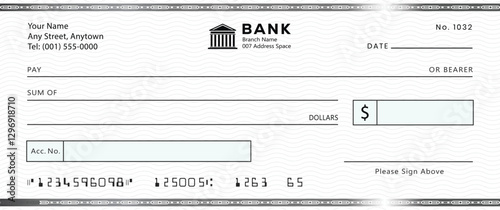 Blank bank check, checkbook cheque template with blue guilloche, vector mockup. Money payment bank check voucher or pay cash cheque certificate, account bill paycheck	