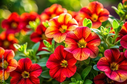 Vibrant Red and Yellow Calibrachoa Flowers in a Summer Garden