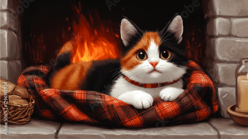 Cozy Calico Cat Relaxing by Warm Fireplace on Plaid Blanket in Rustic Stone Hearth Setting with Candle and Firewood Basket - Ideal for Home Decor and Relaxation
