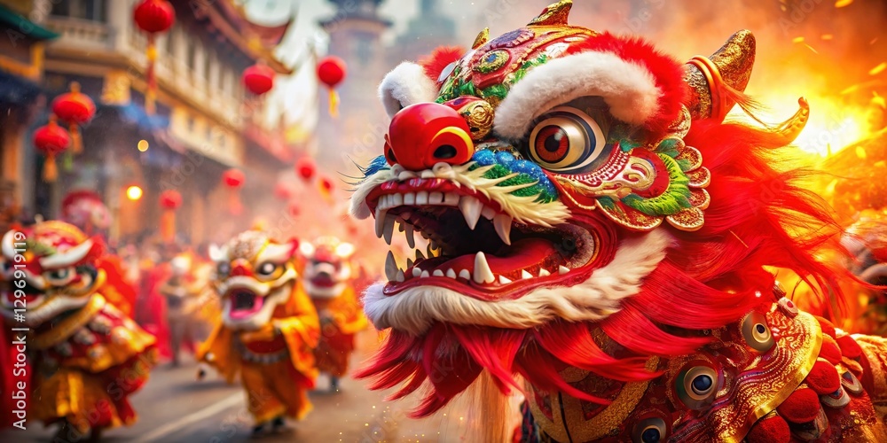 Vibrant Red Chinese Lion Dance Mask Double Exposure Stock Photo Vibrant Red Chinese Lion Dance Mask Double Exposure Stock Photo