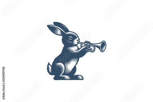 The hare rabbit plays the trumpet trombone. Vintage black and white vector engraving illustration. Emblem, logo, print