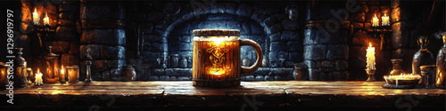 Rustic Tavern Scene with Illuminated Beer Stein on Wooden Table, Surrounded by Candles and Bottles, in Medieval Stone Cellar Setting – Vector Graphic Art