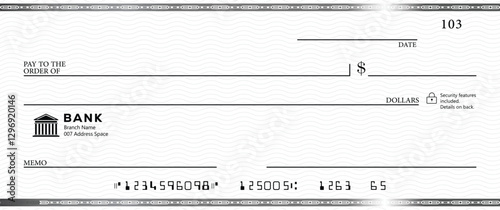 Blank bank check, checkbook cheque template with blue guilloche, vector mockup. Money payment bank check voucher or pay cash cheque certificate, account bill paycheck	