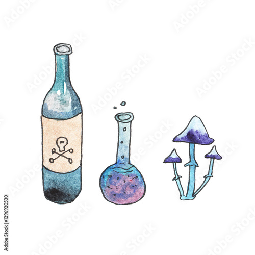 Bottle with potion, poison in test tube, poisoned mushrooms drawn with watercolor and black line on paper by hand isolated on white background. Attributes for celebrating Halloween.