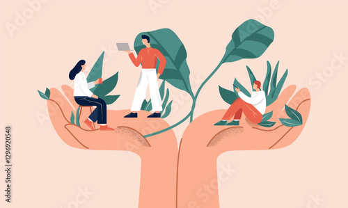 Huge hands holding tiny people office workers vector flat illustration. Support of professional growth, employee care, wellbeing at workplace and benefits for personal at work concept