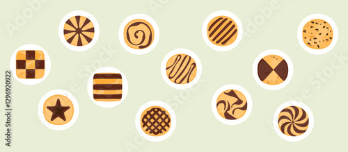 Cartoon cookie vector illustration of delicious food Biscuits and crackers, baked flour products Gingerbread, and chocolate cake. Dessert. Pastry collection isolated on a white background.