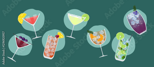 Set of flat vector cocktail illustrations of classic cocktails in different types of glasses, liqueurs for menus and alcoholic beverages, anfood menus in cute cartoon style on a background, per edit.