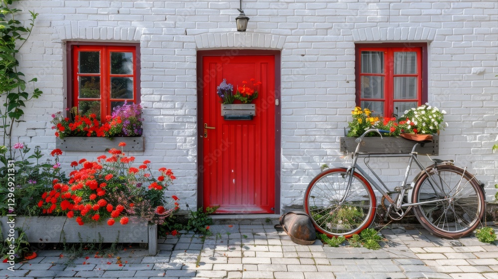 Charming entrance with red door and flowers. Charming entrance with red door and flowers.