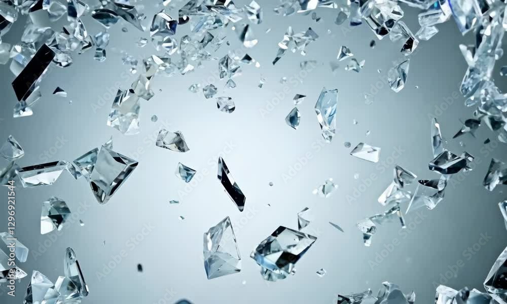Shattered glass exploding in slow motion with flying fragments and dynamic animation