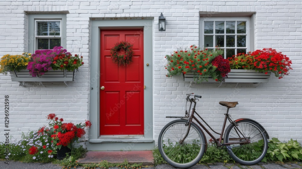 Charming house with red door and bike outside. Charming house with red door and bike outside.