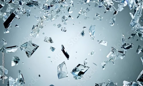 Shattered glass exploding in slow motion with flying fragments and dynamic animation