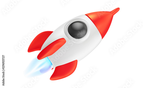 Vector startup realistic illustration of red spaceship with fire. 3d cartoon style concept design of red toy space rocket launch. Shuttle takeoff icon, business startup ship fly up symbol