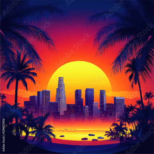 Vibrant Sunset Over Los Angeles Skyline with Palm Trees and Beachfront: Striking Vector Illustration Evoking Summer Evenings and Urban Coastal Beauty