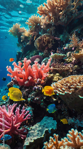 Wallpaper Mural The image reveals a vibrant underwater coral reef scene, bustling with an array of colorful corals in hues like pink and orange, and lively tropical fish swimming among them. Torontodigital.ca