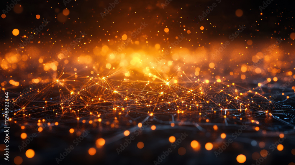 Fototapeta premium Abstract Orange Cityscape Network with Glowing Lights and Dark Background