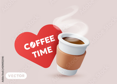 Vector illustration of realistic paper coffee cup with steam and red heart on color background. 3d style cartoon design of takeaway coffee cup with love. Street fast food and drink