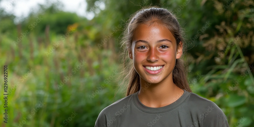 A cheerful girl stands in a vibrant green landscape, surrounded by plants and trees, smiling broadly as sunlight filters through the leaves, capturing a joyful moment A cheerful girl stands in a vibrant green landscape, surrounded by plants and trees, smiling broadly as sunlight filters through the leaves, capturing a joyful moment