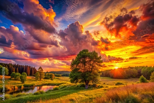 Vibrant Sunset Sky Over Nature Landscape - Golden Hour Photography
