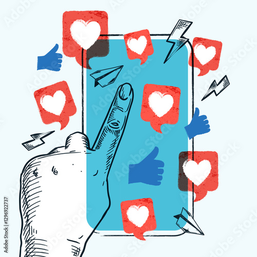 Social media communication concept. Hand touches smartphone screen with likes icons. Vector trendy illustration