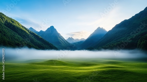 A breathtaking view of lush green hills surrounded by majestic mountains, highlighted by a gentle fog that enhances the enchanting, serene atmosphere of nature.