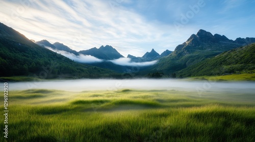 A stunning view of a misty mountain valley, where soft grass meets towering peaks, creating an idyllic scene that captures the essence of natural beauty and peace.