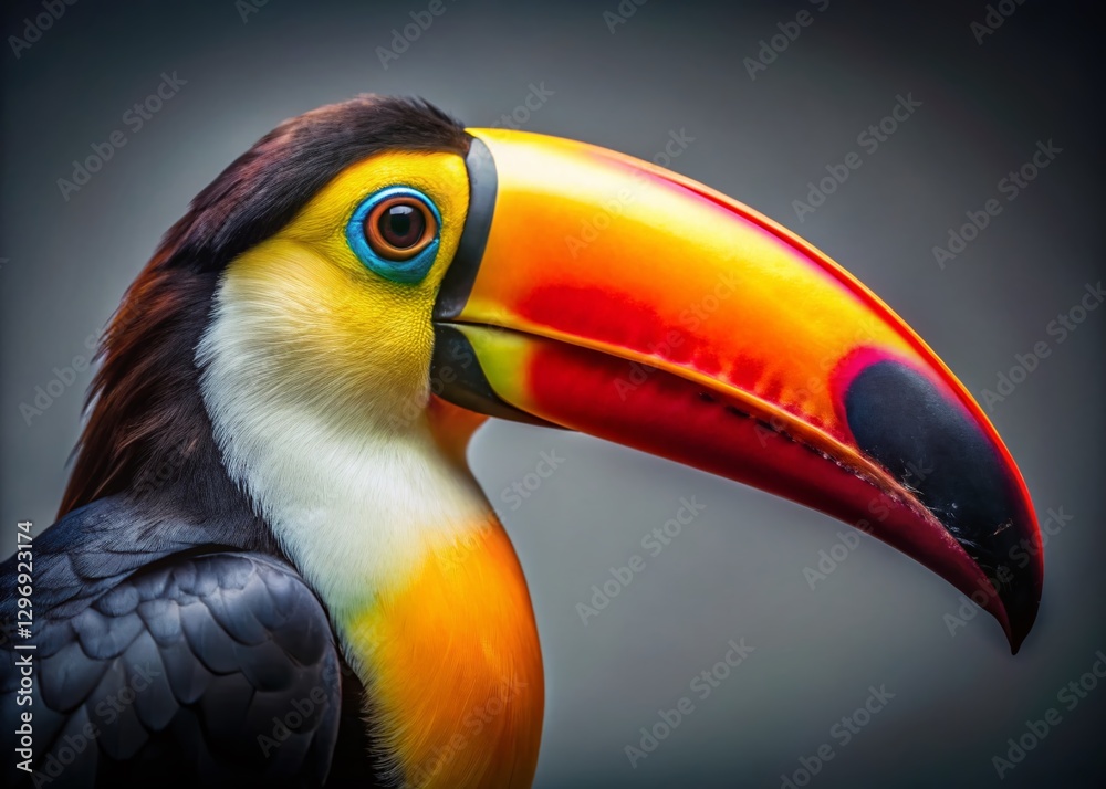 Vibrant Toucan Beak Close-Up: Exotic Bird Photography on Gray Background Vibrant Toucan Beak Close-Up: Exotic Bird Photography on Gray Background