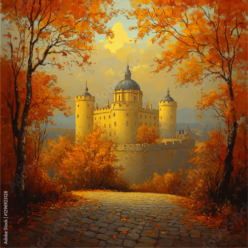 Majestic Castle Amidst Vibrant Autumn Foliage - Explore Historic Architecture in a Picturesque Fall Setting with Golden Leaves and Enchanting Forest Pathway