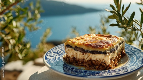 Traditional Greek moussaka, vibrant colors, appetizing presentation, cultural heritage photo
