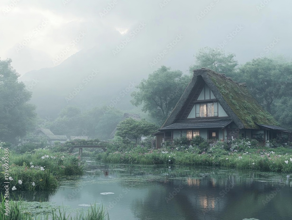 Fototapeta premium Misty River House: Tranquil Asian Village Scene