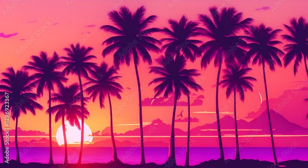 Vaporwave palm trees on the beach at sunset Retrowave background 4K Vaporwave palm trees on the beach at sunset Retrowave background 4K