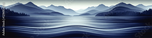 Serene Mountain Lake Vector Art with Tranquil Blue Water and Majestic Mountain Range in Background Perfect for Nature Lovers and Landscape Design Projects