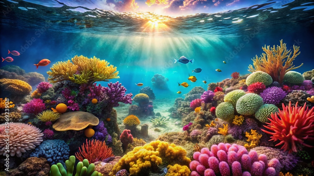 Naklejka premium Vibrant Underwater Ocean Floor Scene: Coral Reef, Seaweed, Rocks & Marine Life