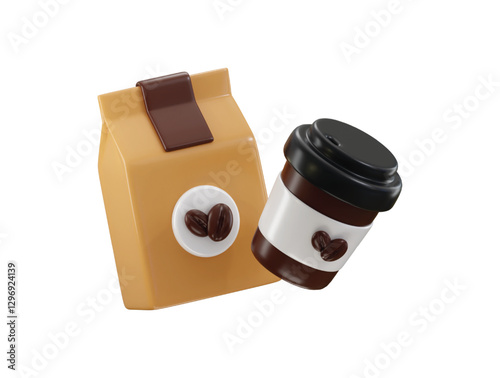 coffee bag with coffee cup icon 3d render concept of milk latte coffee with coffee bin 