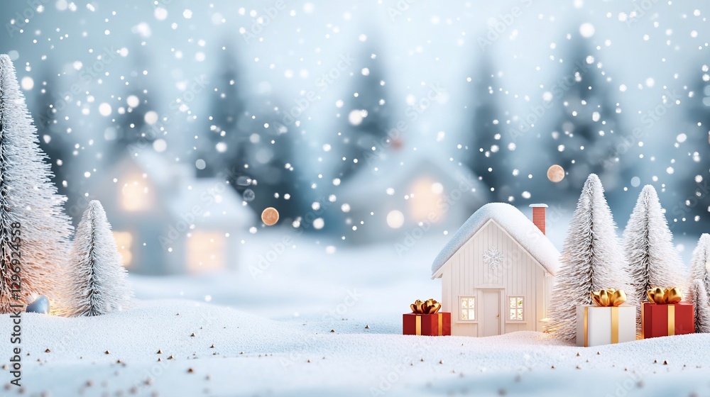 Fototapeta premium Snowy Winter Village House Christmas Gifts