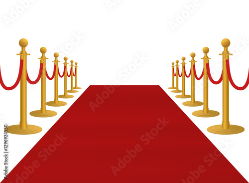 Realistic bright red carpet with barriers 3d vector illustration. Luxury entrance to vip event or celebrity party isolated on white background. Premiere show ceremony