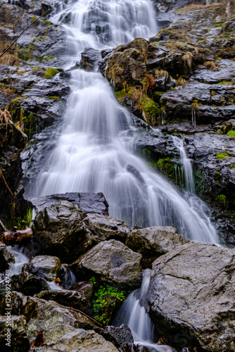 The view of the waterfall right before the spring in south Germany