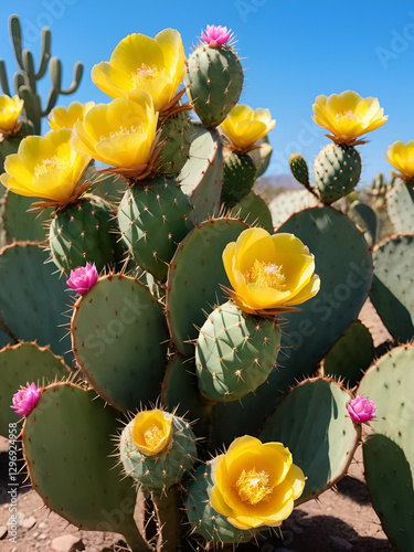 Beautiful prickly pear cacti growing outdoors on sunny day photo