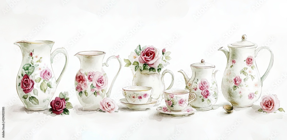 Fototapeta premium Elegant ceramic tea set adorned with roses displayed on a soft background